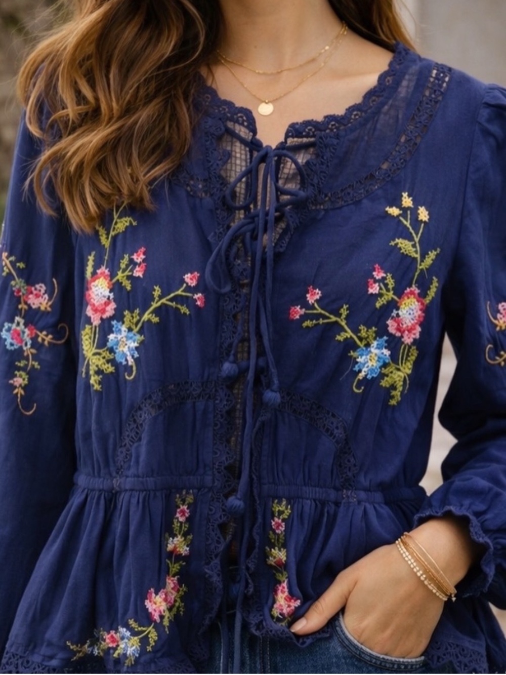 JENNIFER & GRACE Edwina Navy Blue Embroidery Blouse Long Sleeves (Sezane Sea NY - Picture 2 of 4